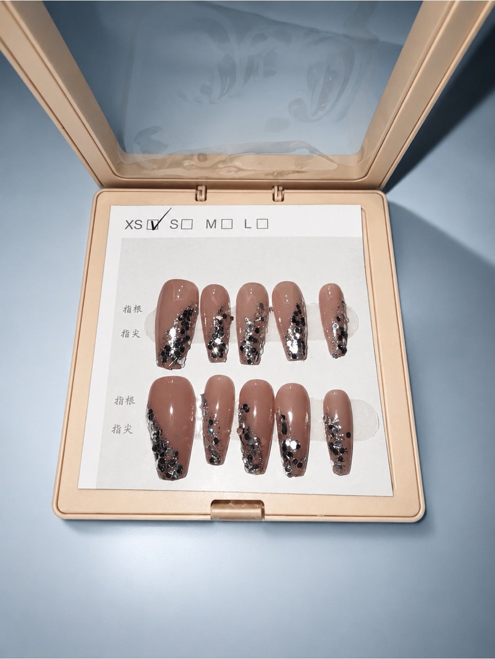 Nude Press-On Nails with Silver Glitter Accents - Size XSmall